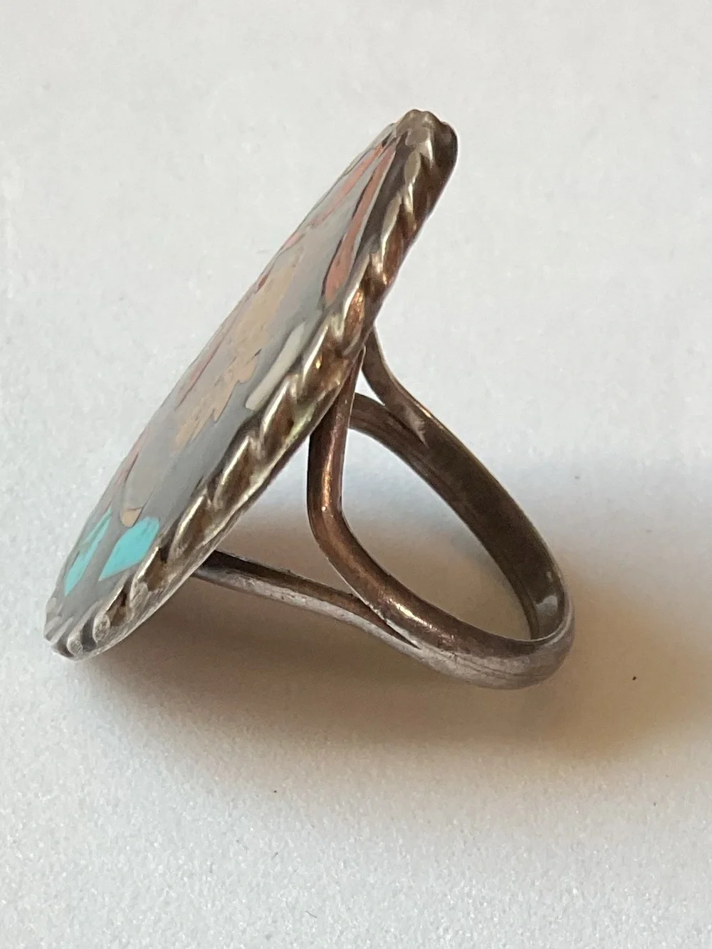 Vintage Sterling Native American Coin Gemstone Mosaic Inlay Ring Size 5.25